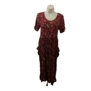 Papillon Womens Dress Sz Small Midi Crinkle Gauzy Pleated Red Floral Pockets